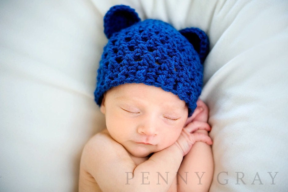 Sale- Crochet Teddy Bear Hat in Sapphire Blue ( Size 0-3M, 3-6M, 6-12M) Available in Different Color
