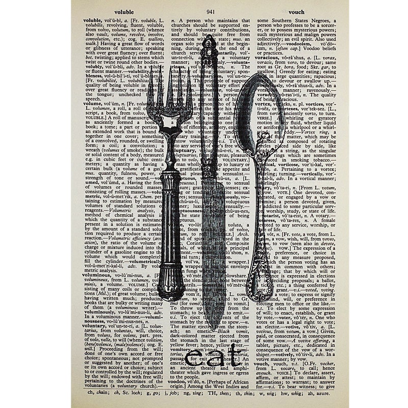 Fork Knife Spoon Print on a Vintage Dictionary Page