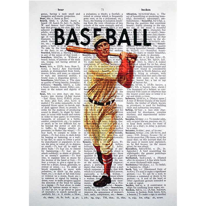 Baseball Slugger Print on a Vintage Dictionary Page