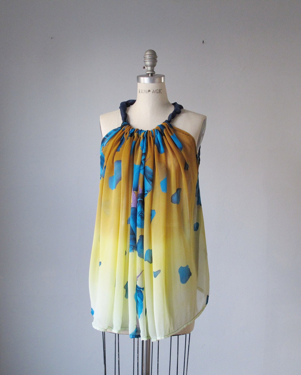 Digital printed silk top / Free style / Roses / Yellow /Indigo / Dreamy / Romantic / Tunic / Mini dress