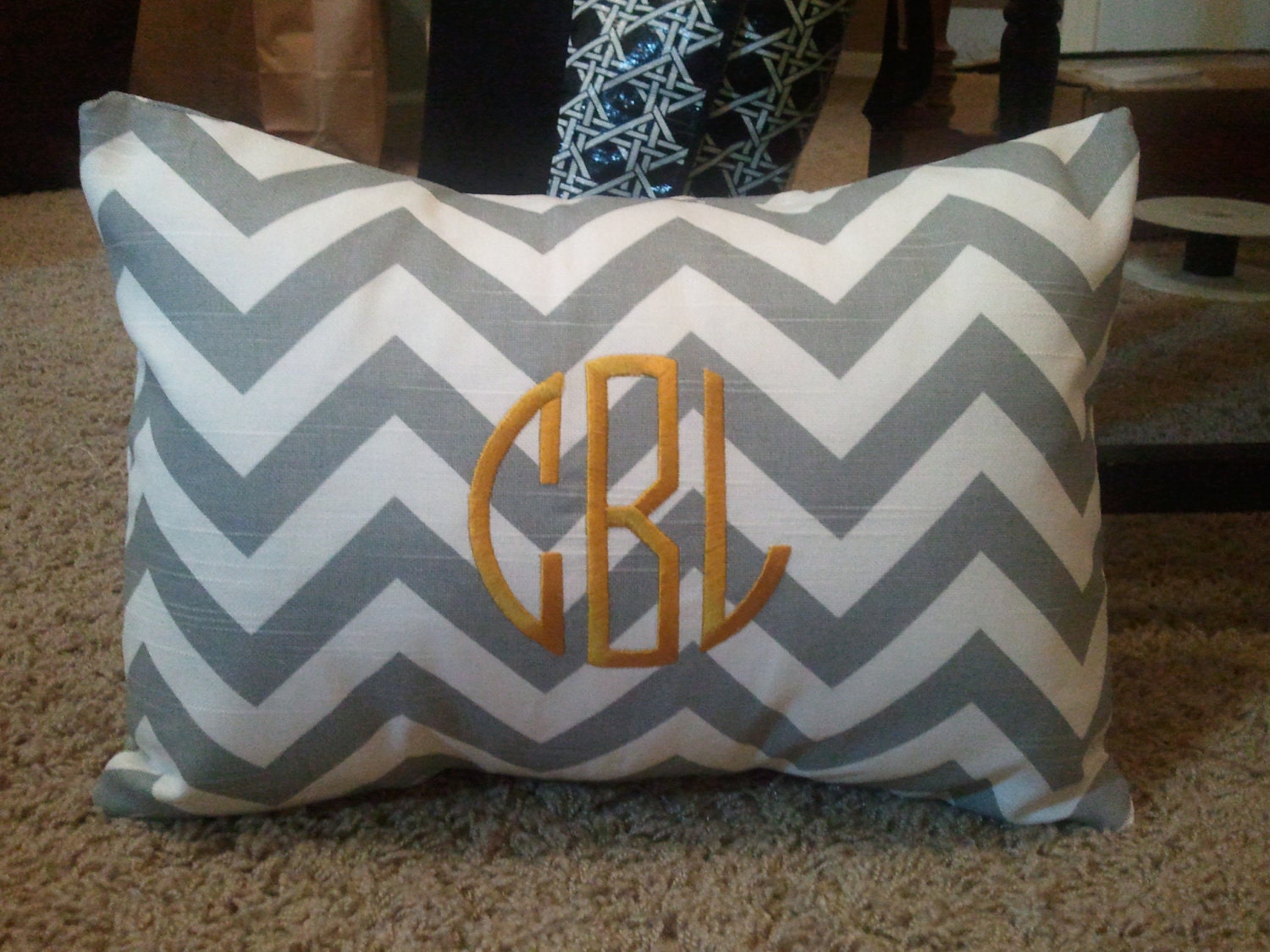 Monogrammed Gray & White Chevron Print Throw Pillow--Small Lumbar