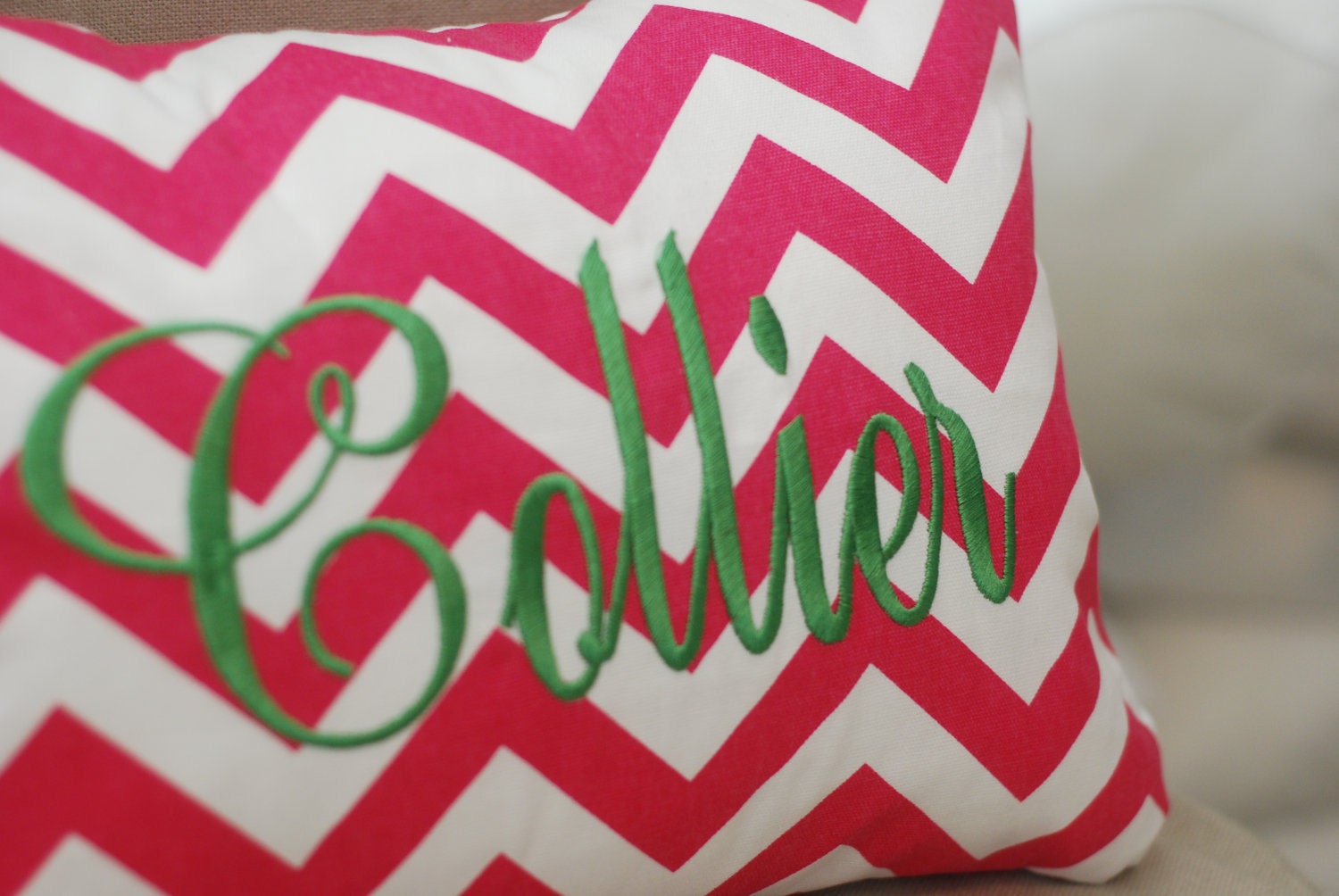Monogrammed Hot Pink Chevron Print Throw Pillow--Small Lumbar
