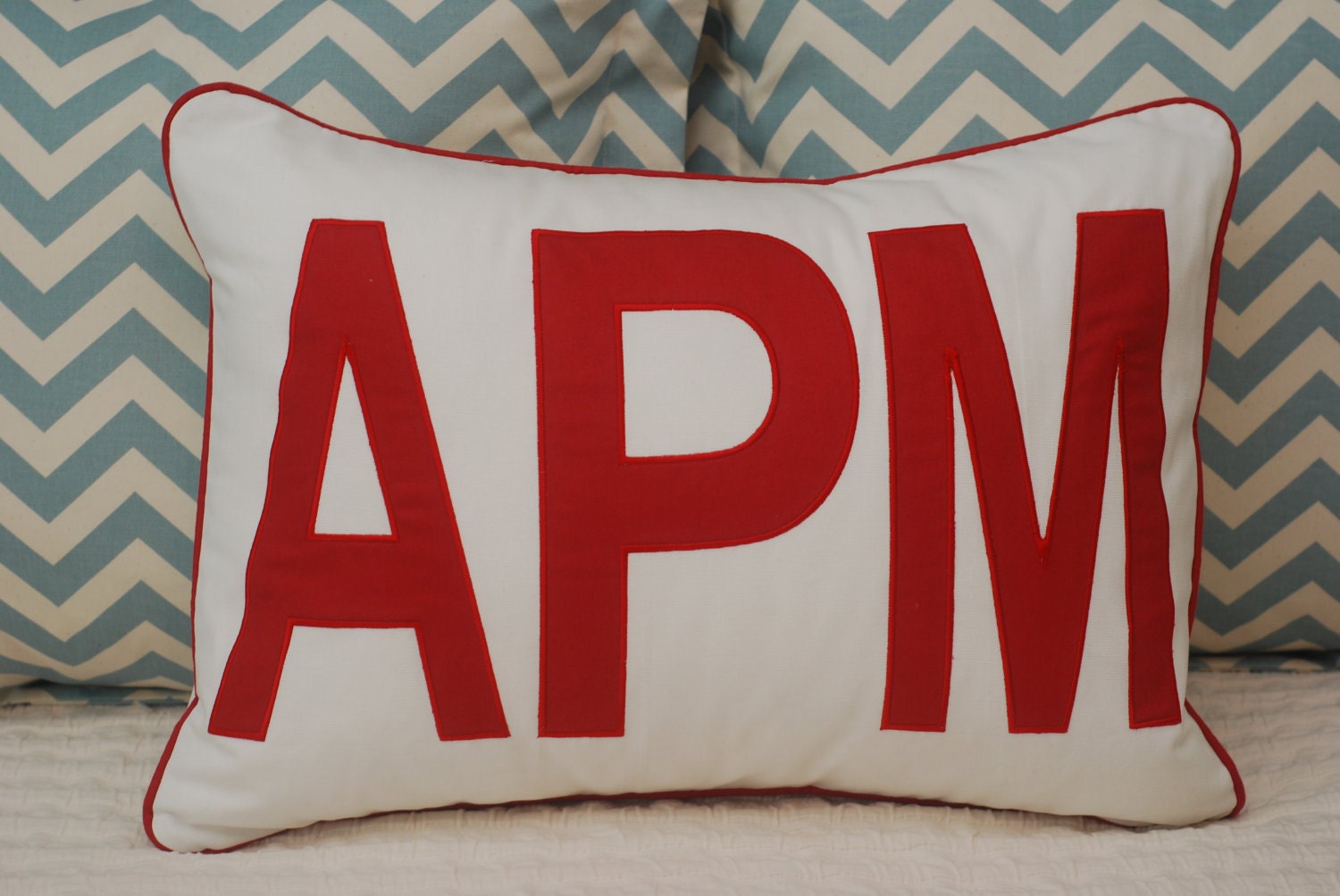 White Standard Size Pillow Jumbo Red 3-Letter Appliqué with Cording