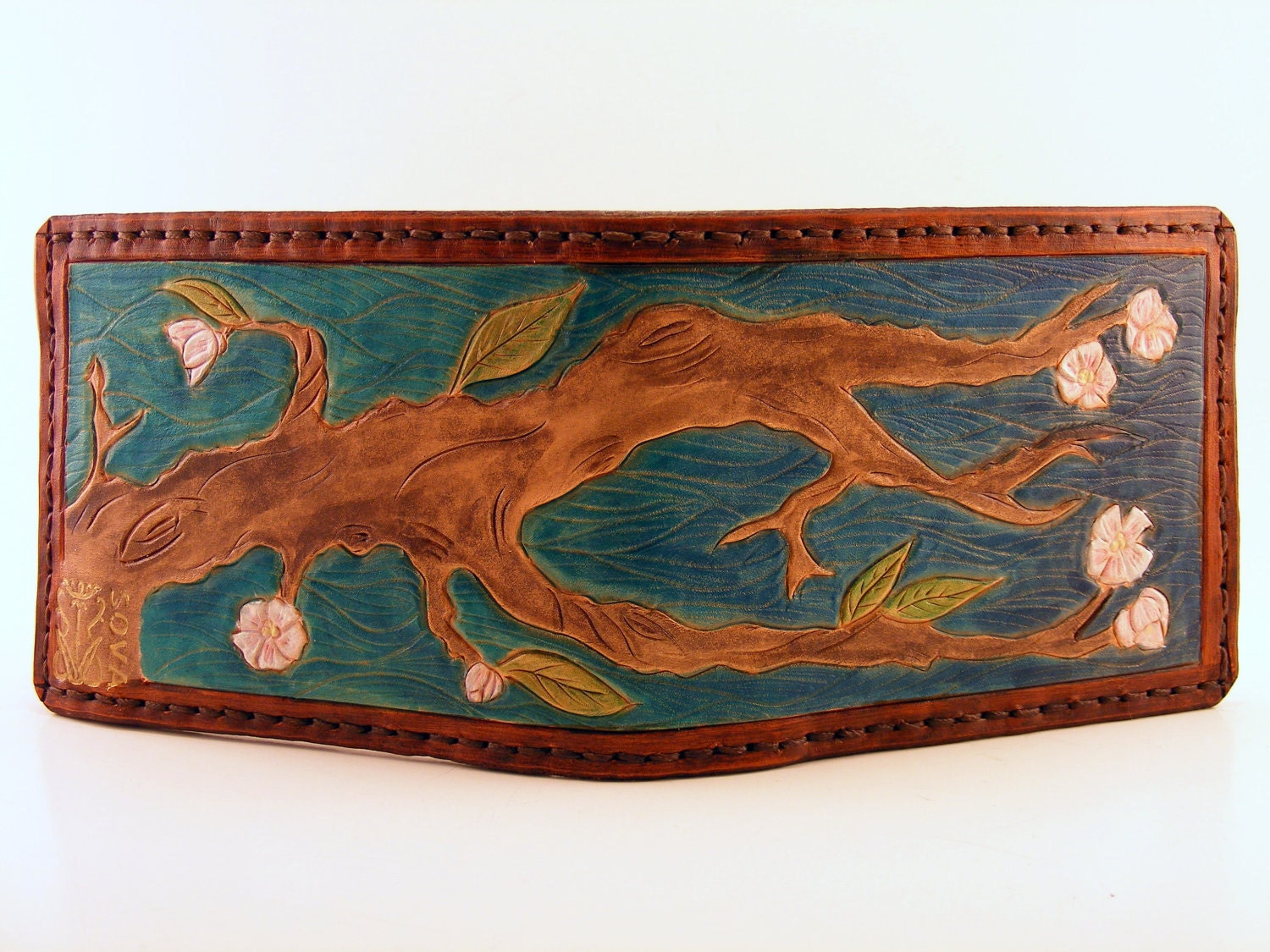Hand Tooled and Painted Cherry Blossom Wallet