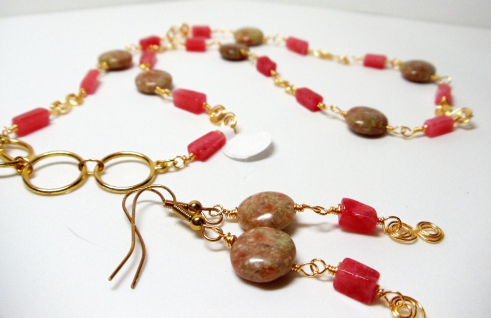 Gemstone Necklace- Wire Wrapped- 2 Piece Set- Unakite- Cherry Adventurine- Handmade Jewelry-  Oh So Pretty