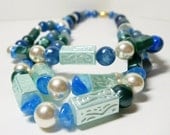 Three Strand Vintage Plastic Necklace- Teal Blue Green- Pearls- Choker- 16 Inches- 1980s