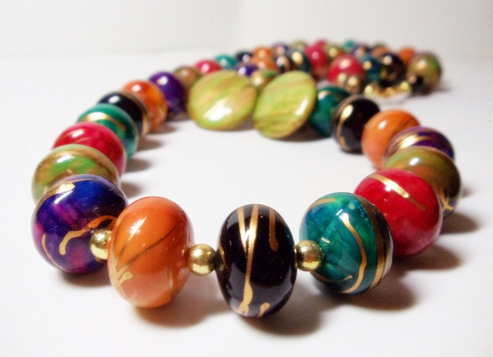 Vintage Marbleized Plastic Necklace Set- 2 Pieces- 28 Inches- Colorful- 1980