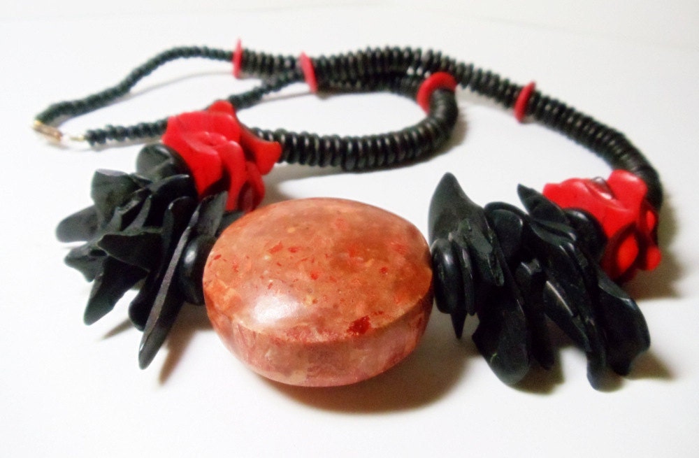 Vintage Tribal Necklace- Red- Black- 26 Inches- 1980- Boho
