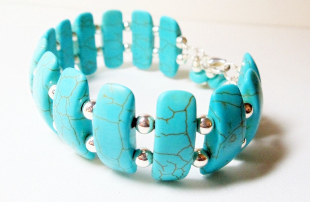 Turquoise Silver Wire Wrapped Bracelet- Bangle- South Western- Gemstone- Handmade Jewelry