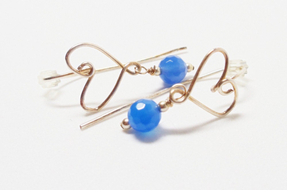 Sapphire Wire Wrapped Earrings- Silver Hearts- Gemstone- Handmade Jewelry