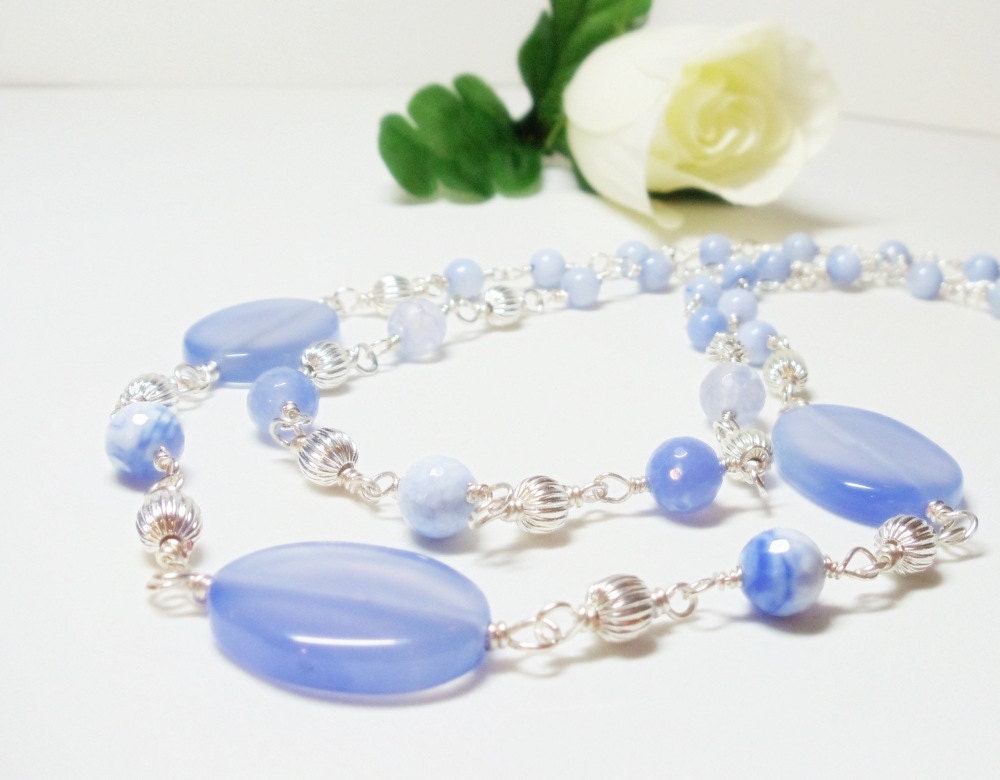 Necklace Set - Blue Agate-  Double Strand- Earrings- Wire Wrapped- Fine Silver- Gemstone- Handmade Jewelry