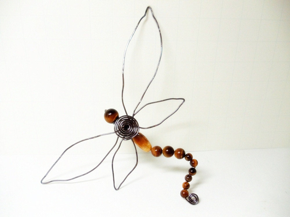 Wire Wrapped Dragonfly Brooch- Tiger's Eye- Hat Pin- Scarf Pin- Gemstone- Handmade Jewelry