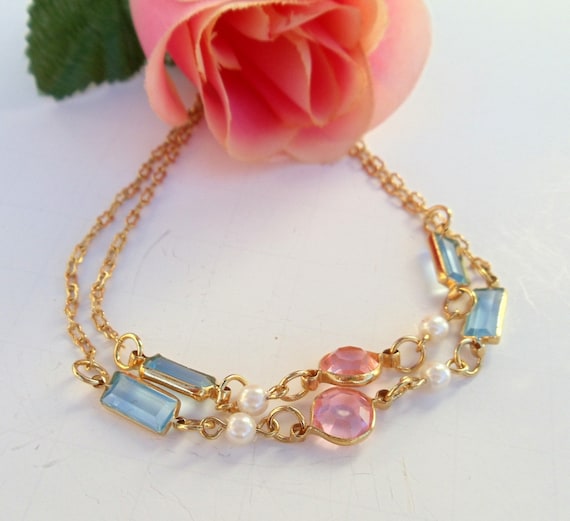 Long Gold Chain  Pearls Faceted Pink Blue Glass 30 Inches