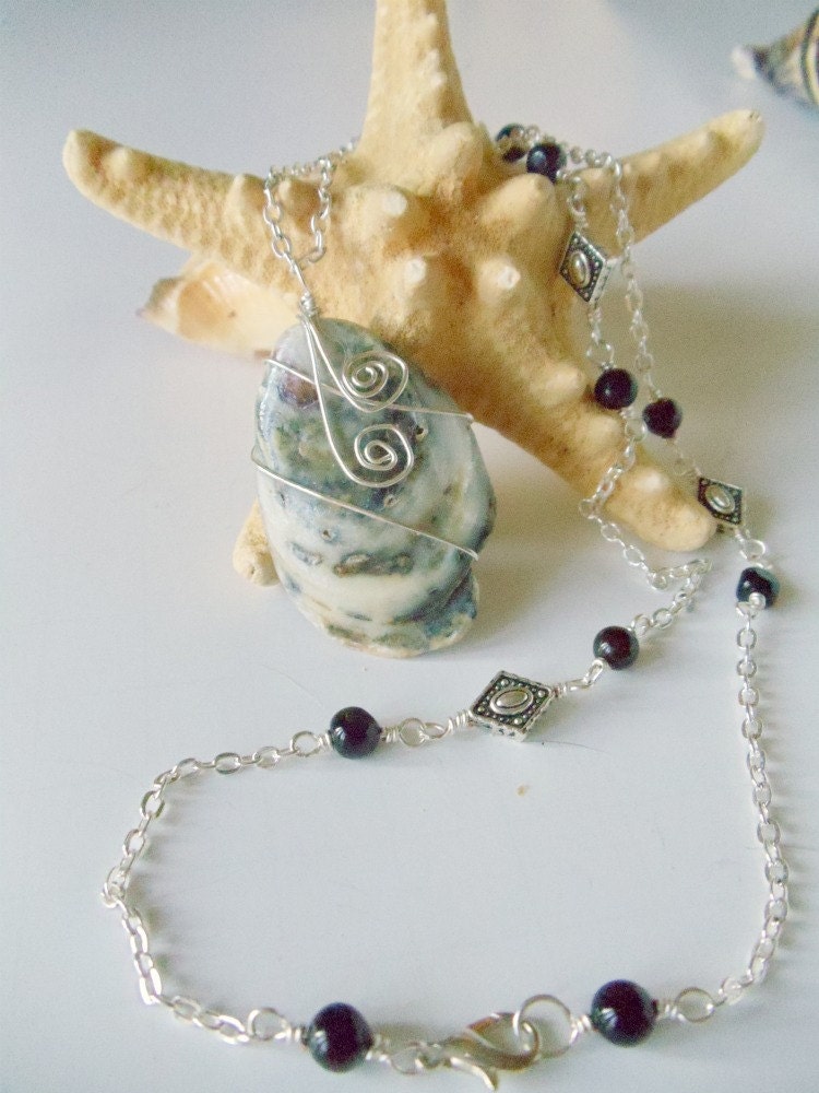 Oyster Shell Pendant and Black Chalcedony 2 Piece Necklace Set Wire Wrapped Handmade by simplysuzie2