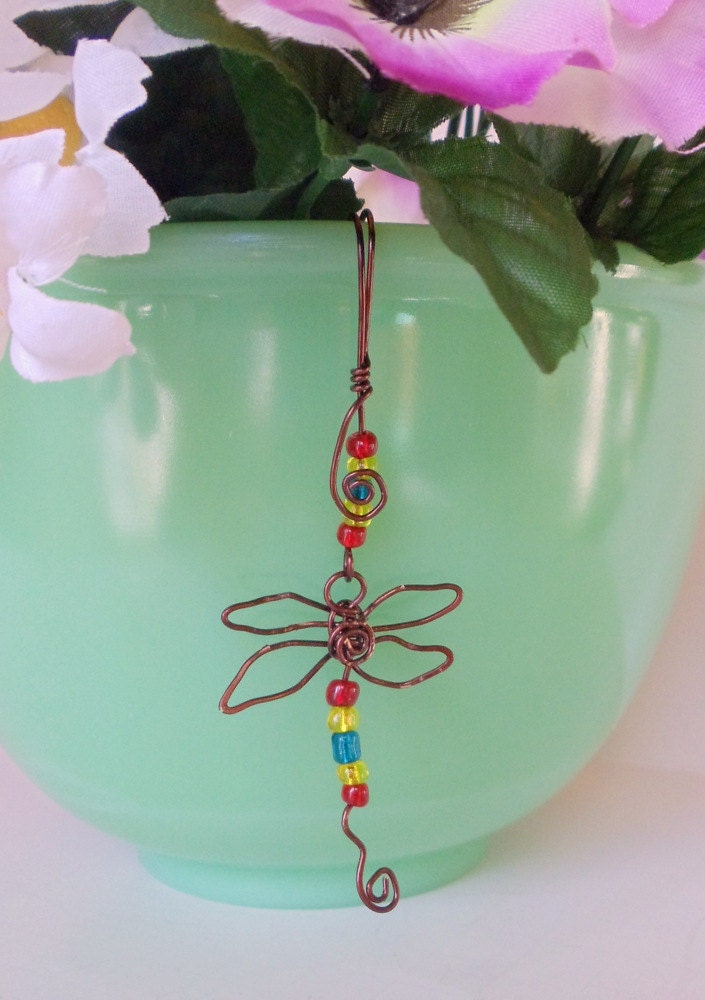Dragonflies And Daisies Pot Sitters, Wire Ornament,  (Pot Charms) Wire Wrapped Handmade by simplysuzie2