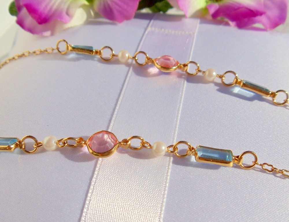 Long Gold Chain  Pearls Faceted Pink Blue Glass 30 Inches