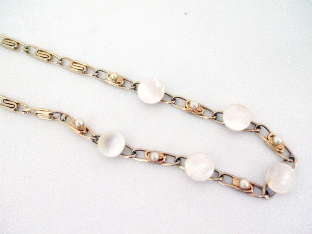 Pearl Necklace Choker -Mother of Pearl -Vintage- 1960s- Gold Scroll Chain-