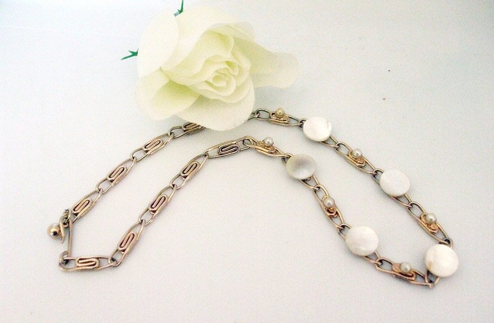 Pearl Necklace Choker -Mother of Pearl -Vintage- 1960s- Gold Scroll Chain-
