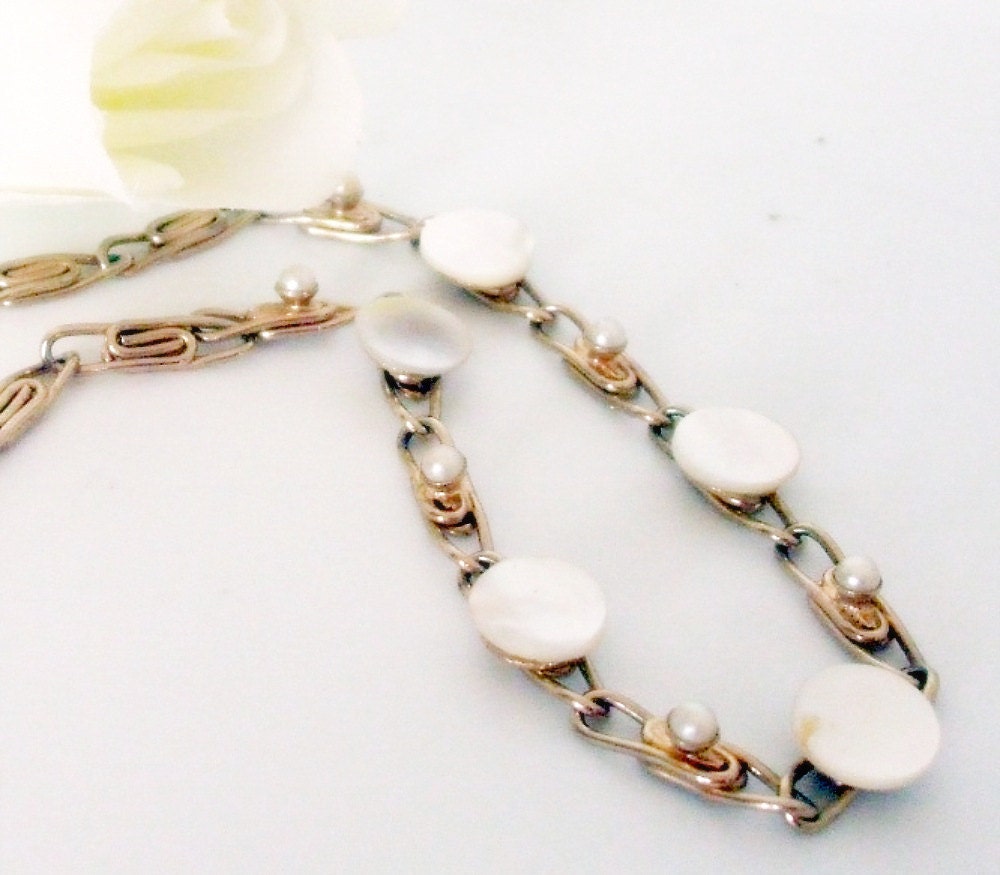 Pearl Necklace Choker -Mother of Pearl -Vintage- 1960s- Gold Scroll Chain-