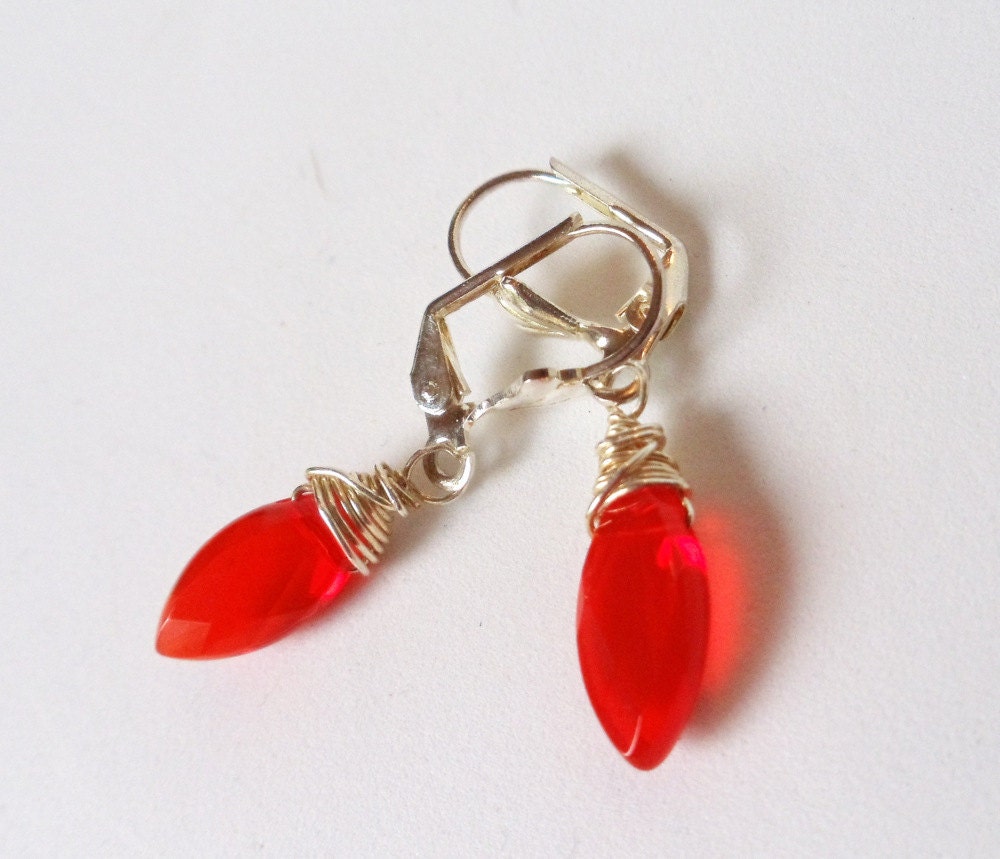 Wire Wrapped Earrings- Red Quartz- Faceted Marquise- Dangles- Gemstone- Handmade Jewelry