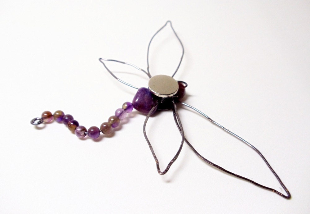 Wire Wrapped Dragonfly Brooch- Amethyst- Hat Pin- Scarf Pin- Gemstone- Handmade Jewelry