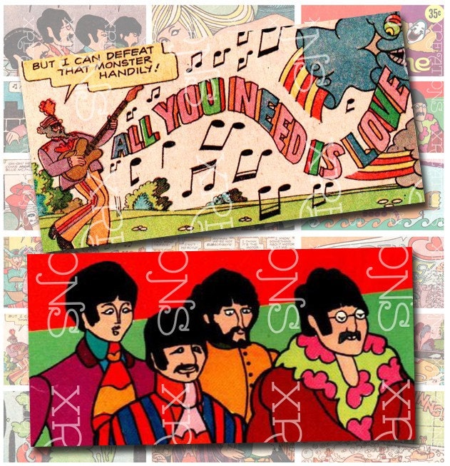 Classic Beatles Yellow Submarine Comics in Domino 1x2 inches tile size - Digital Collage Sheet