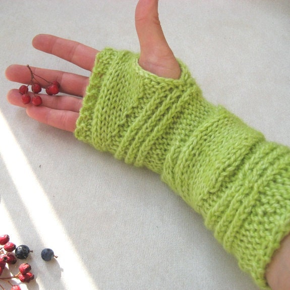 Long Cable Fingerless Gloves Knit Fingerless Mittens Womans Arm warmers Wool blend Apple green Seamless Warm Unique