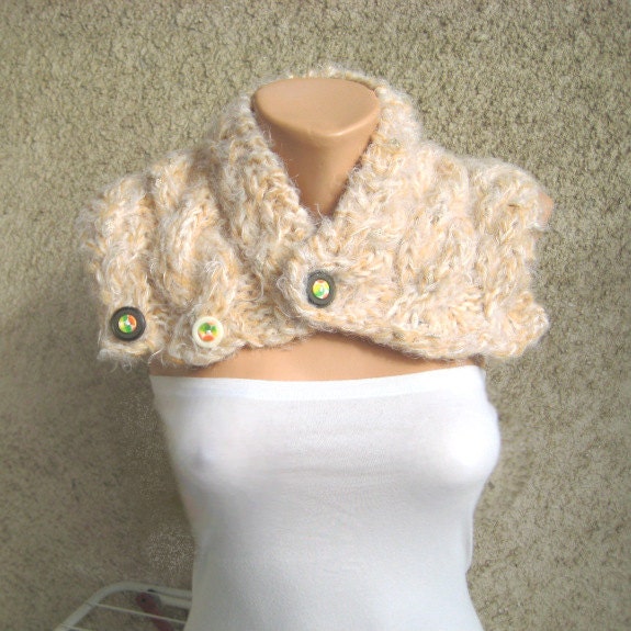 30% SALE Cable Knit Cowl Neck warmer Neck collar Women Wool/Acrylic/Polyester/Lame Ivory Buttons Cuddly Handmade by Dimana