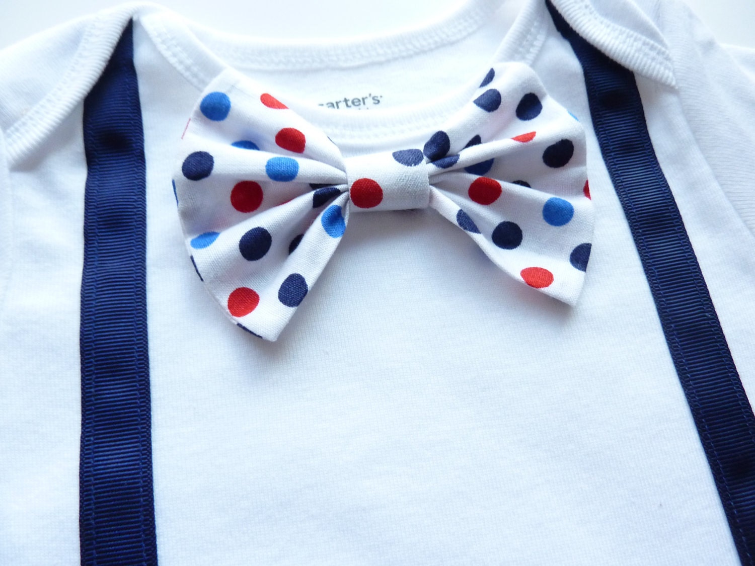 Short or Long Sleeve Navy Blue Onesie Suspenders with Matching Polka Dot Removable Bow Tie