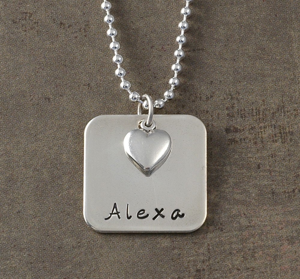Hand stamped - Personalized Square  with Heart Charm