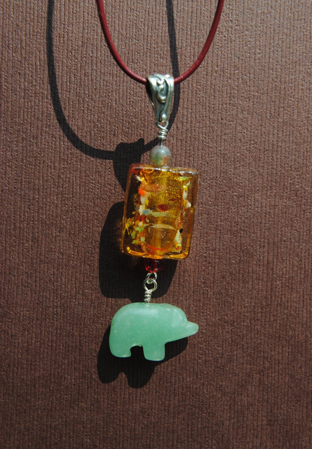 Leather Glass Bead Necklace with Green Agate Carved Bear Dangle Bead
