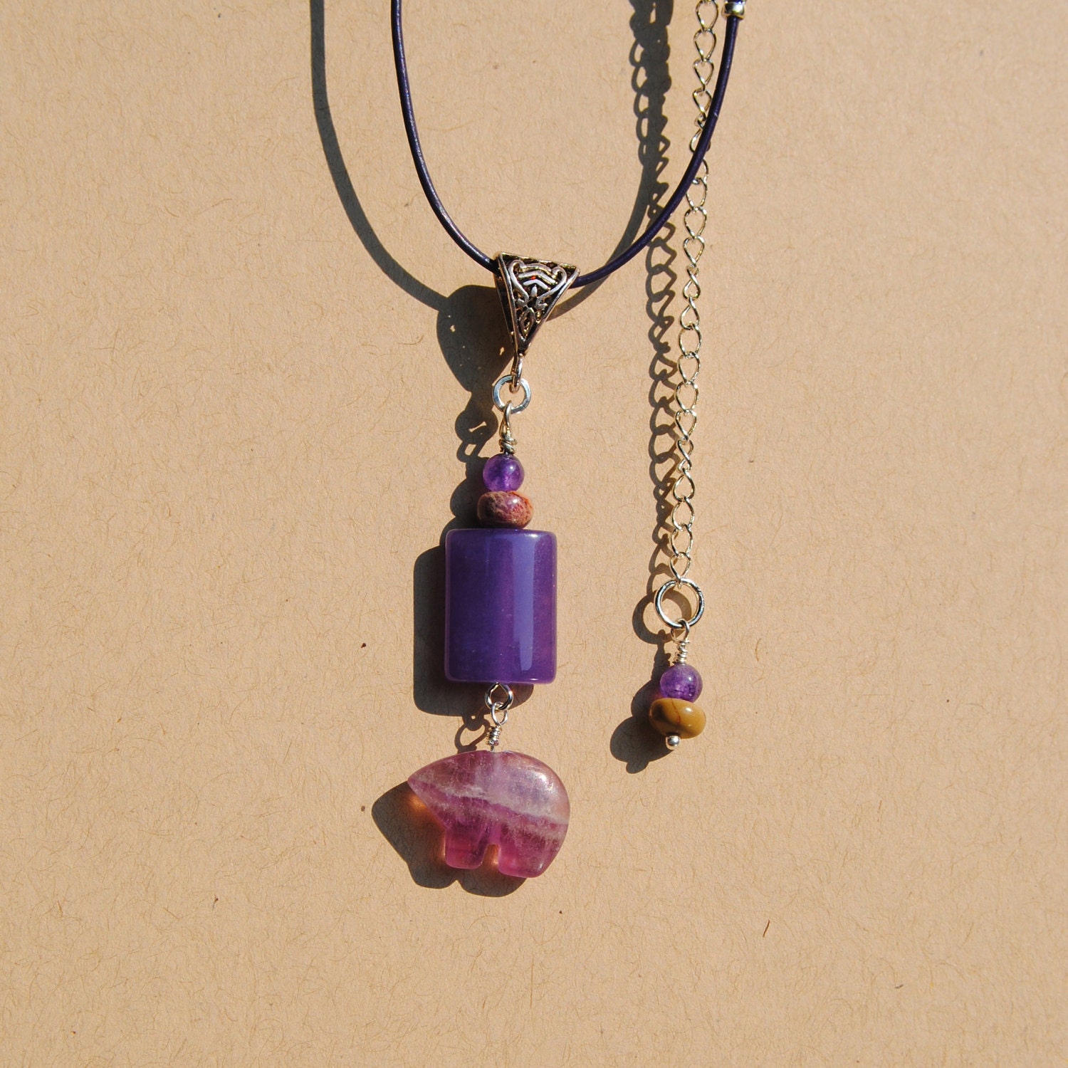Leather Necklace with Amethyst Puffed Rectangle Bead and Purple Fluorite Carved Bear Dangle Charm
