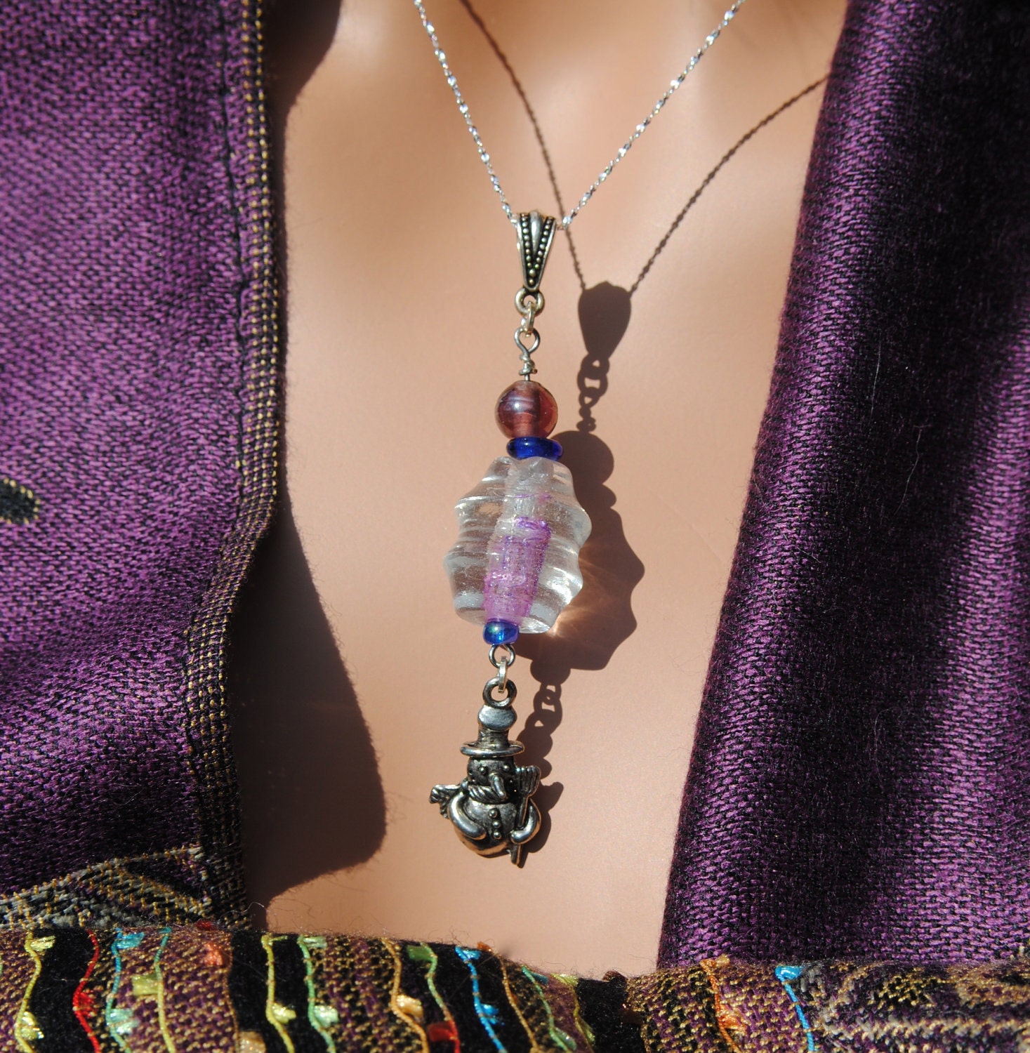 Purple and White Glass Bead Necklace with Jolly Snowman Charm and Sterling Silver Chain
