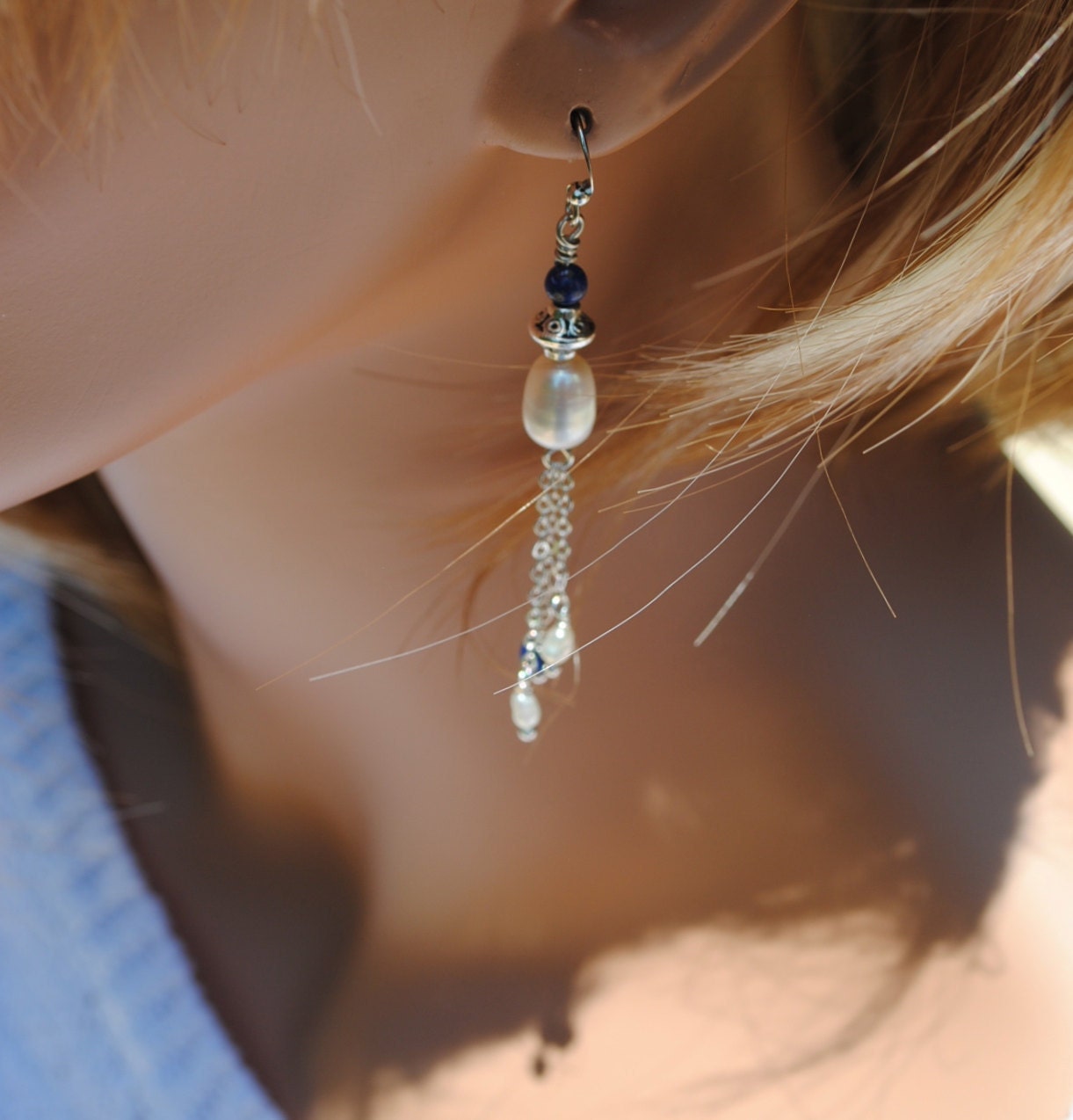 Teardrop Natural Pearl Waterfall Dangle Earrings with Lapis Accent Beads