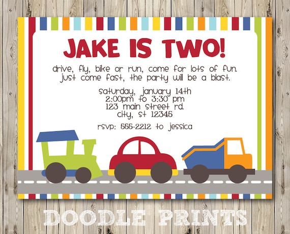 Printable Transportation Birthday Party Invitation - Customized Printable Invitation Boy's Party "Broom Broom Let's go Party" 4x6 or 5x7