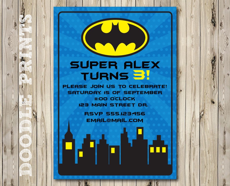 Printable Batman Super Hero Birthday Party Invitation - Customized Printable Invitation Boy's Party "Batman Gotham Design" 4x6 or 5x7