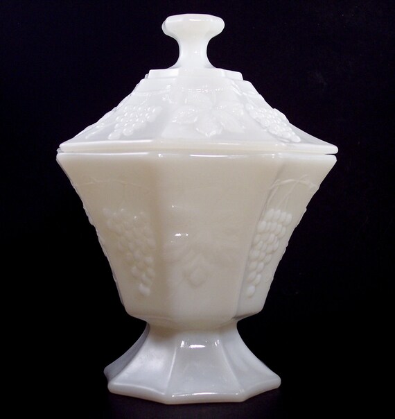 Milk Glass Covered Pedestal Candy Dish Grape by SherwoodVintage