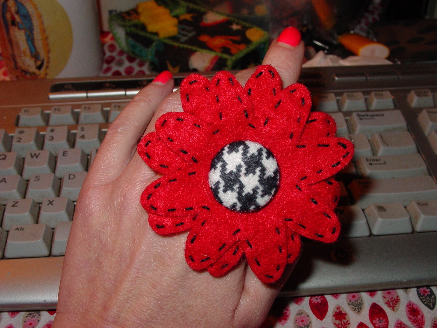 Red and Houndstooth Flower Ring/Ponytail Holder