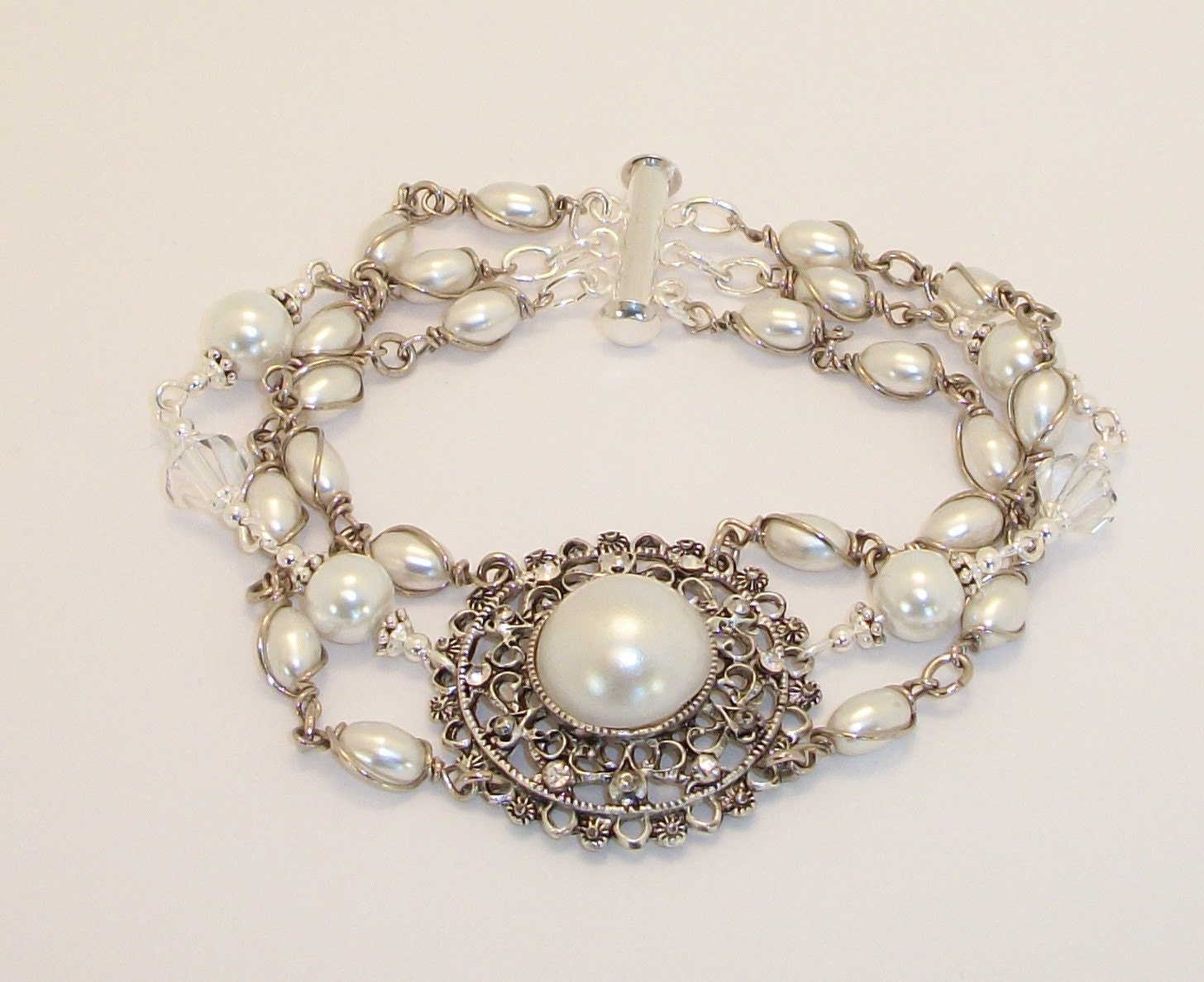 Bridal Antique Silver Pearl Medallion Bracelet FREE SHIPPING Style RAS14