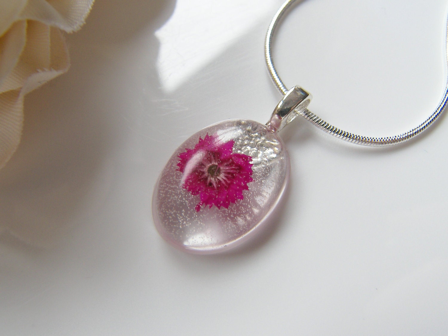 Dainty Pink Pressed Flower Necklace, Wearable Art, Botanical Necklace, Bridal Jewelry