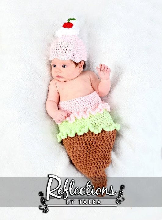 Original Design ICE CREAM CONE Cocoon and Beanie Hat Set Crochet Newborn Baby Photo Prop