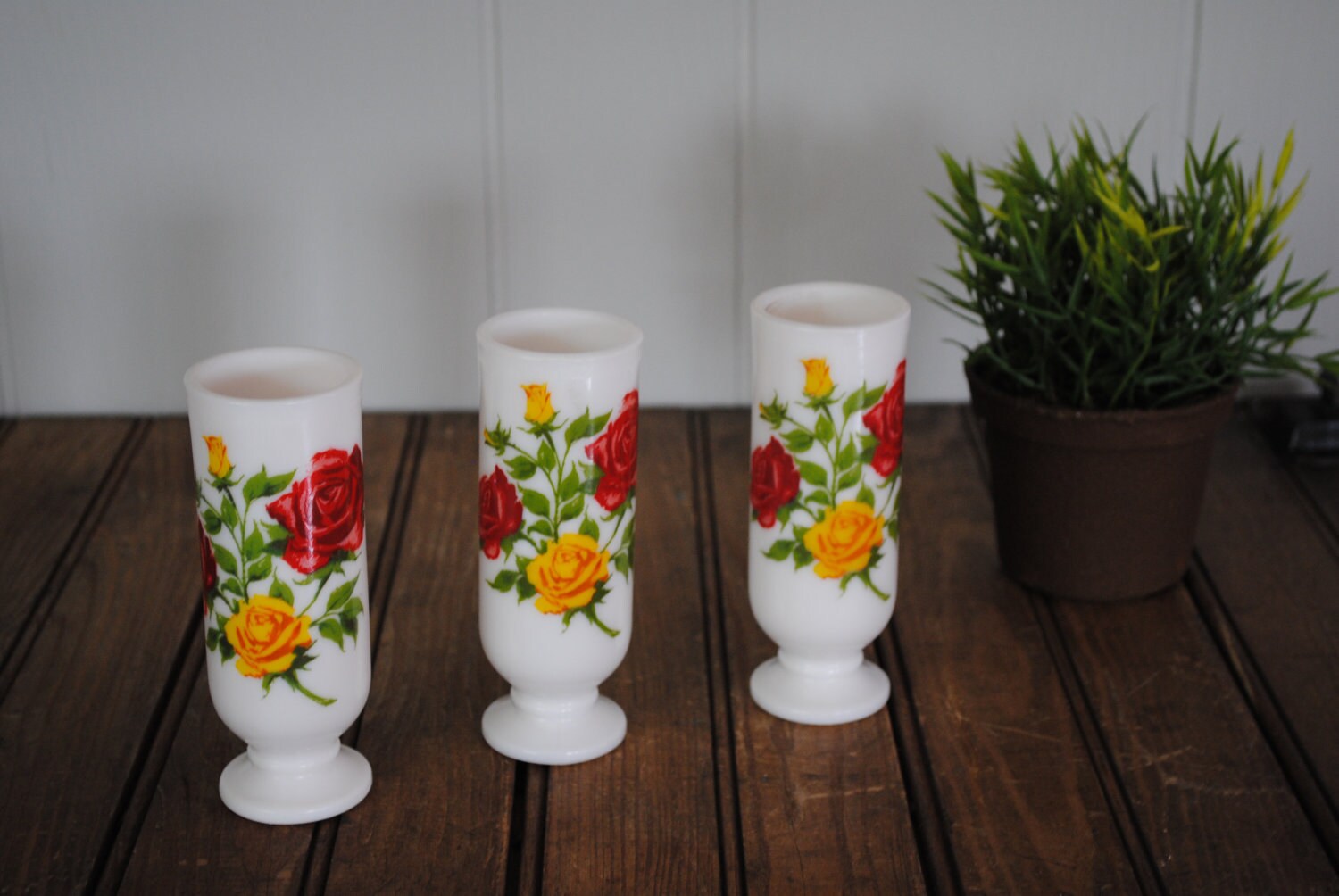 Set of Three Avon Wild Roses Milk Glass Demitasse Coffee Cups or Bud Vases