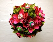 Paper Flower Wedding Bouquet, Green, Pink, Kusudama, Rose