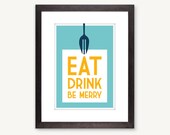 Eat Drink Be Merry, modern kitchen art, fork flatware utensil, blue/yellow: A3 11.7 x 16.5 inches