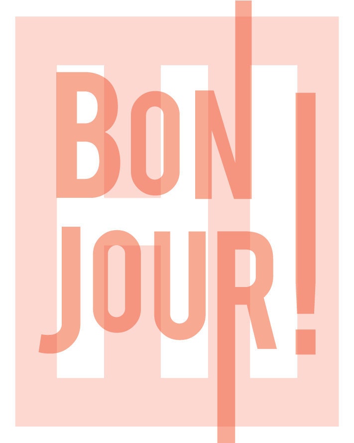 Bonjour, French, hello hi, greetings, typography art print, feminine, modern home entry foyer art, blush pink: 11x14 inches