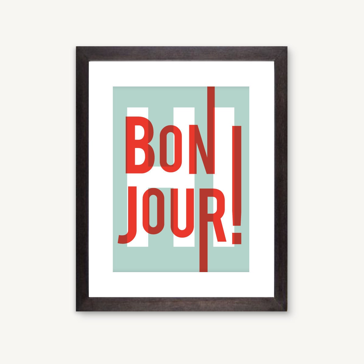 Bonjour, French hello greetings, typography print, home entry foyer art, turquoise/red: A3