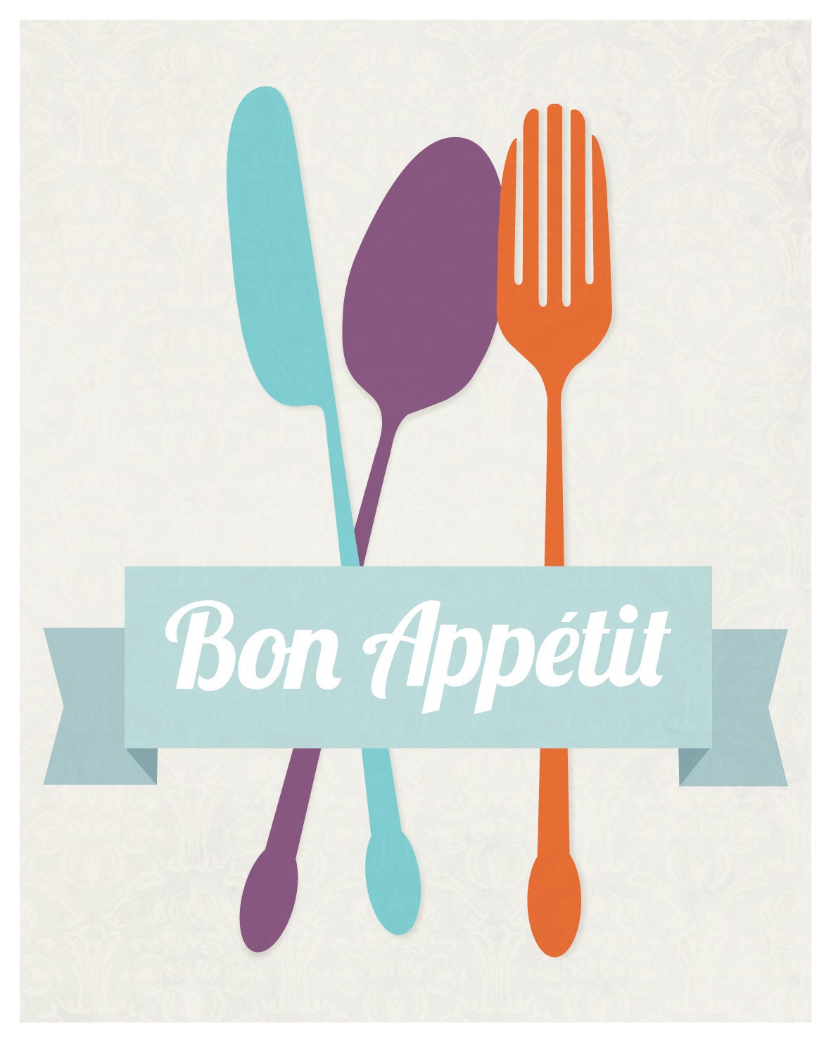Bon Appetit kitchen art flatware utensil print: 11 x 14