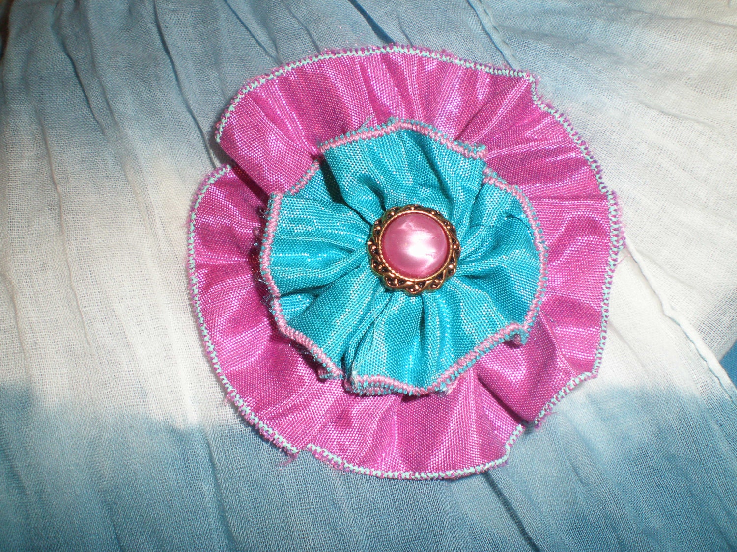 Fuschia and Teal Satin Hair Clip with Pearl Center