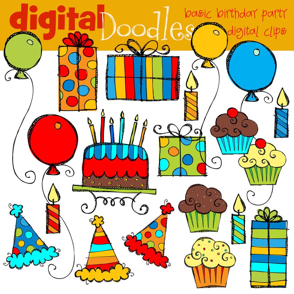 COMBO PACK Basic birthday bash Digital Clip art and black line stamps
