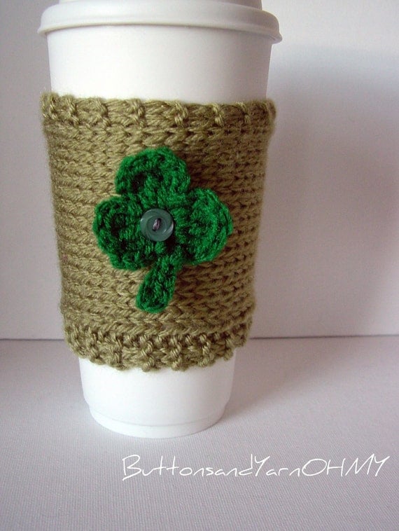 Knitted Cup Cozy, 3 leaf clover coffee cup cozy